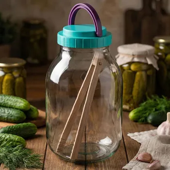 Zavařovací sklenice Skleněná zavařovací sklenice s plastovým víčkem a kleštěmi SEZON 3 l tyrkysová