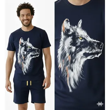 Pánské pyžamo Pánské pyžamo tmavě modré Krátký rukáv M s vlkem ENDO