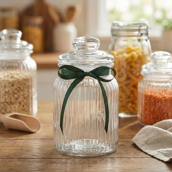 Skleněná dóza s reliéfem a zelenou mašlí ALTOM DESIGN 900 ml