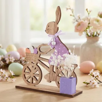 Velikonoční dekorace Velikonoční dřevěná ozdoba ALTOM DESIGN paní zajíc na kole 17 cm fialová