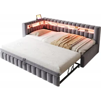 Postel Čalouněná postel Rozkládací pohovka Dětská postel 90x200 cm LED USB šedá