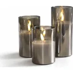 DECOLED Sada LED svíček ve skle, šedá, výška 10/12,5/15 cm, pr. 7,5 cm, s dálkovým ovladačem, balení 3 ks