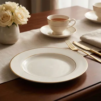 Talíř Dezertní porcelánový talíř MARIAPAULA KLASYKA NOVA ECRU ZŁOTÁ LINIE 20 cm krémový