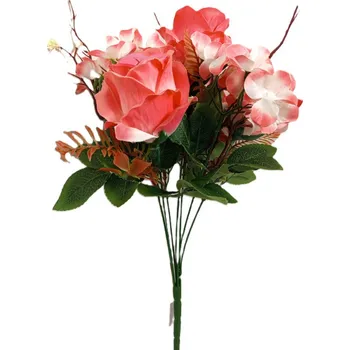 umělá květina Růže kytice s hortenzií lososová 46 cm J258
