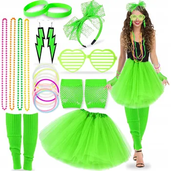 Karnevalový kostým ZELENÉ DISCO KOSTÝM OUTFIT 80. A 90. LÉTA RETRO SET 8V1 SUKNĚ