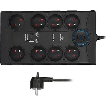 Přepěťová ochrana Přepěťová ochrana Solight, 8zás. USB A plus C, 2m, černá, 370J PO80