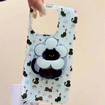 Držák na telefon pro iPhone 16 a Samsung Plastový držák s motivem kočky s kytkou Stylový stojánek na stůl