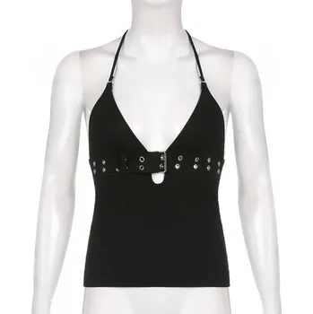 Dámské černé tílko Tenká ramínka Výstřih do V Pásek pod prsami Jednobarevný elegantní top z polyesteru a spandexu S