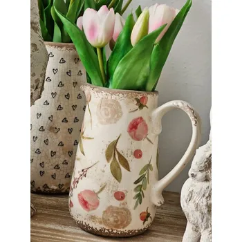 Béžový keramický džbán s růžovými květy Olia M - 17*12*18 cm