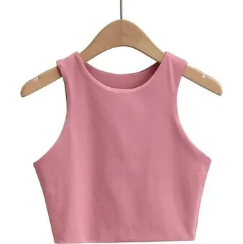 Dámské crop tílko Široká ramínka Výstřih do O Jednobarevný krátký top z polyesteru a spandexu Pružný střih růžová S