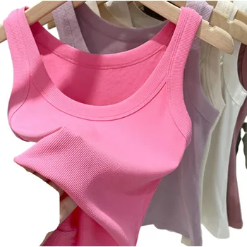 Dámské tílko Výstřih do O Široká ramínka Jednobarevné bavlněné tílko z přírodní bavlny pro pohodlné každodenní nošení růžová L