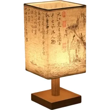 Stojací lampa LED stolní lampa 27 x 12 x 10 cm Čínský styl Dekorativní osvětlení s lněným stínidlem a dřevěným stojanem