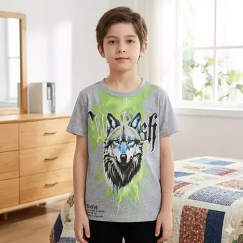 Chlapecké tričko Chlapecké tričko krátký rukáv Kugo DC9410 šedý melír (Dětské tričko pro kluky s vlkem)