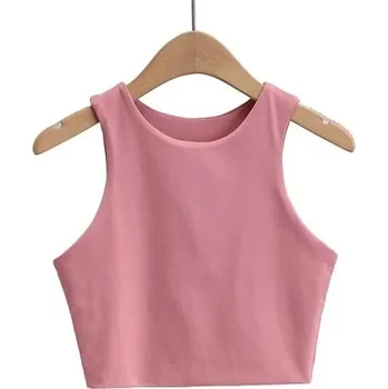 Dámské crop tílko Široká ramínka Výstřih do O Jednobarevný krátký top z polyesteru a spandexu Pružný střih růžová M