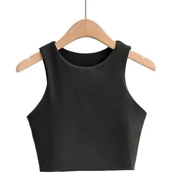 Dámské crop tílko Široká ramínka Výstřih do O Jednobarevný krátký top z polyesteru a spandexu Pružný střih černá S