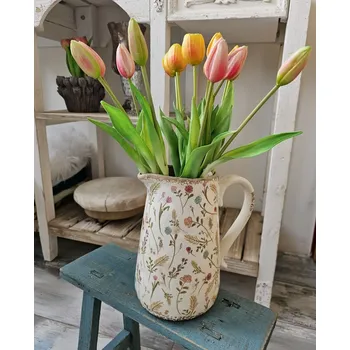 Béžový keramický dekorační džbán s kvítky Floral Cartoon - 21*14*23 cm