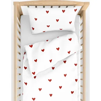 Povlečení Dětské bavlněné povlečení do postýlky - Červená srdíčka na bílém 110 x 125 a 35 x 55 cm
