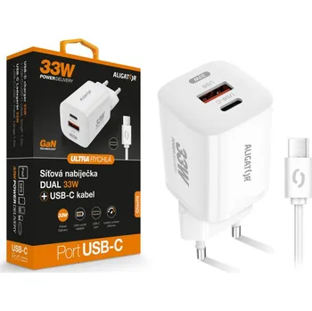ALIGATOR Mini PD 33W, USB-C plus A, rychlá nabíječka GaN, s kabelem USB-C/USB-C, bílá