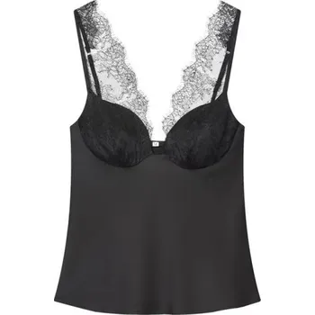 Dámské tílko Výstřih do V Tenká ramínka Krajkové detaily Jednobarevné černé tílko z polyesteru pro elegantní nošení S