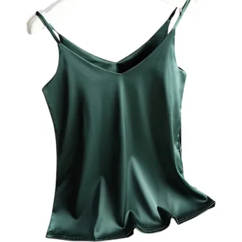 Dámské tílko Výstřih do V Tenká ramínka Jednobarevné elegantní tílko z polyesteru a hedvábí pro lehké letní nošení zelená L