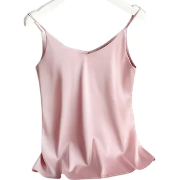 Dámské tílko Výstřih do V Tenká ramínka Jednobarevné elegantní tílko z polyesteru a hedvábí pro lehké letní nošení růžová XS