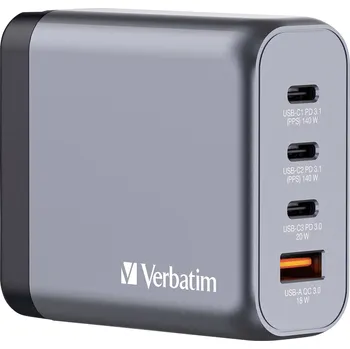 Powerbanka Verbatim GNC-140 GaN cestovní nabíječka, GaN, s adaptérem pro Evropu, s britským adaptérem, s americkým adaptérem, 1x USB A , 3x USB-C®, 140 W, Dodávka