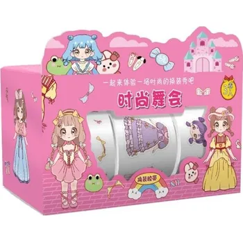 Krabice s roztomilými lepícími pásky 4,2 x 4,2 x 8 cm Panenka s oblečením a doplňky, samolepky na papír a zeď, účesy, oblečení, doplňky