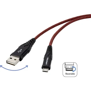 elektrický kabel TOOLCRAFT USB kabel USB 2.0 USB-A zástrčka, USB-C ® zástrčka 2.00 m černá/červená extrémně odolné pletené stínění, oboustranně zapojitelná zástrčka TO-6872829