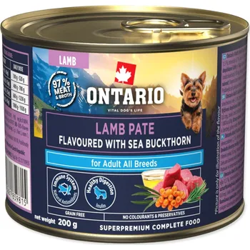 Krmivo pro psa Konzerva Ontario Adult jehněčí pate s příchutí rakytníku 200g