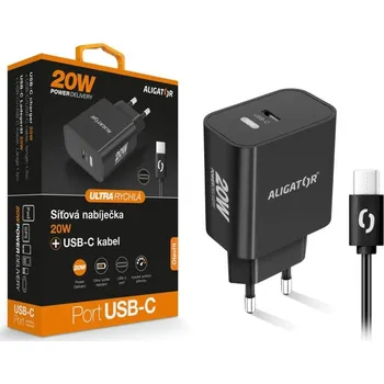 Chytrá síťová nabíječka ALIGATOR Power Delivery 20W, USB-C/USB-C kabel, černá