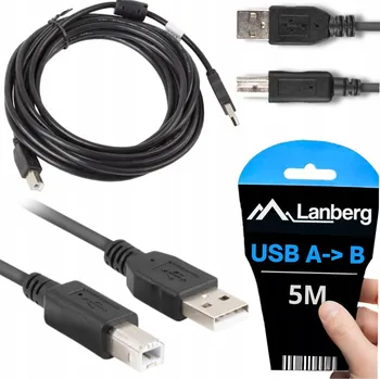 Datový kabel USB 2.0 kabel TYPU A – USB TYPU B (samec) pro tiskárnu, 5 m, černý, značka Lanberg