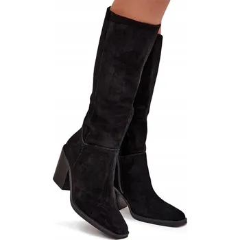 Dámské kozačky Dámské kozačky na sloupkovém podpatku, semišové, nad koleno, na zip, černé, velikost 40