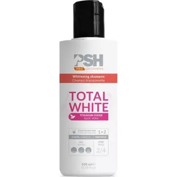 Kosmetika pro psa PSH Šampon pro psy vybělovací TOTAL WHITE (PSH vybělovací šampon titanový. Speciální pro bílou srst, nebo její část (vousy, nohy), kterou chcete zvýraznit a vybělit. Má vysokou bělící sílu díky bílým pigmentům v jeho složení.)