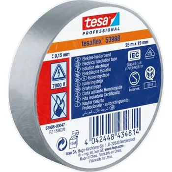 Izolační páska Izolační páska elektro, Šedá Měkčené PVC 7000V 19mm x , délka: 25m tloušťka 150mm 53988 Tesa