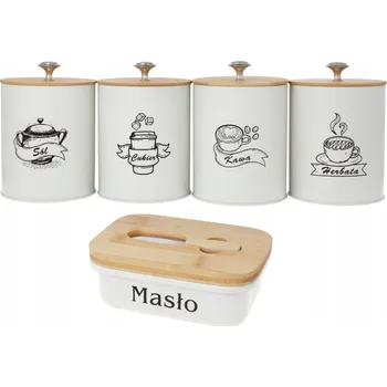 Dóza na potraviny Sada bílých dóz na káva, čaj, cukr, sůl + máslenka