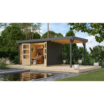 Zahradní stavba dřevěný domek KARIBU LAHAR 5 + přístavek 240 cm (12487) terragrau