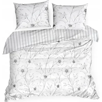 Povlečení Povlečení SPRING 220x200 bílé černé skicované polní květiny proužky