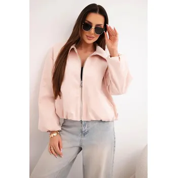Dámská bunda se zipem a balónovými rukávy pudrově růžová UNI