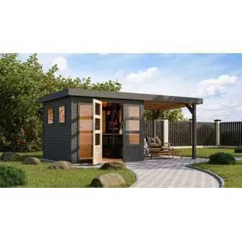 Zahradní stavba dřevěný domek KARIBU LAHAR 3,5 + přístavek 240 cm (12486) terragrau