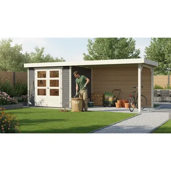 Zahradní stavba dřevěný domek KARIBU ASKOLA 2 + přístavek 280 cm včetně zadní stěny (9168) terragrau