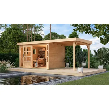 Zahradní stavba dřevěný domek KARIBU LAHAR 5 + přístavek 240 cm (12133) natur