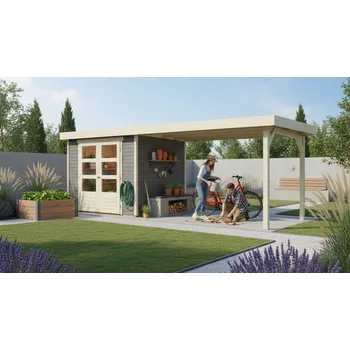 Zahradní stavba dřevěný domek KARIBU ASKOLA 5 + přístavek 280 cm (9159) terragrau