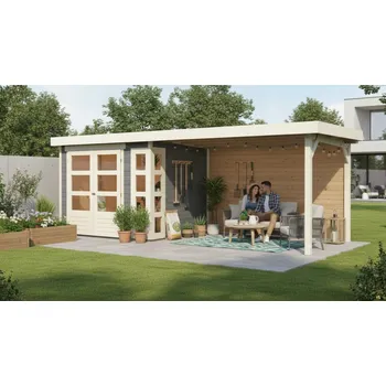 Zahradní stavba dřevěný domek KARIBU KERKO 3 + přístavek 280 cm včetně zadní stěny (9188) terragrau