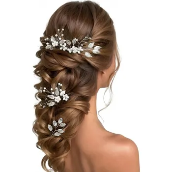Souprava šperků B-TOP Svatební sada vlasových ozdob 4 ks – květinový hřebínek a vlásenky s perličkami a listy ve stříbrném tónu