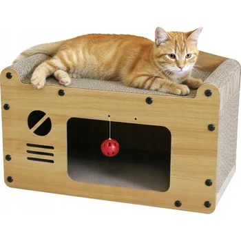 ŠKRABADLO PRO KOČKY KARTONOVÉ MDF PELÍŠEK DOMEČEK BOUDA S HRAČKOU RETRO TV