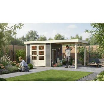 Zahradní stavba dřevěný domek KARIBU ASKOLA 2 + přístavek 240 cm včetně zadní stěny (9165) terragrau