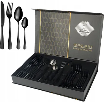 Příbor Sada příborů, černá, pro 4 osoby, 24dílná sada, nerezová ocel
