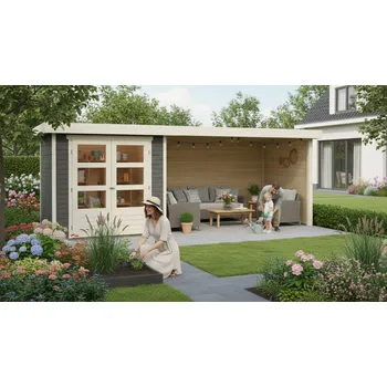 Zahradní stavba dřevěný domek KARIBU ASKOLA 2 + přístavek 280 cm včetně zadní a boční stěny (82922) terragrau