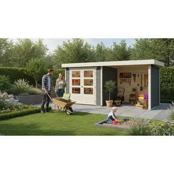 Zahradní stavba dřevěný domek KARIBU ASKOLA 2 + přístavek 240 cm včetně zadní a boční stěny (82906) terragrau