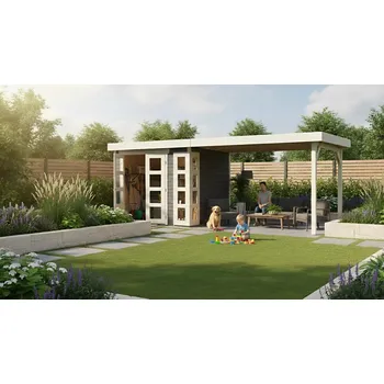Zahradní stavba dřevěný domek KARIBU KERKO 3 + přístavek 280 cm (82937) terragrau